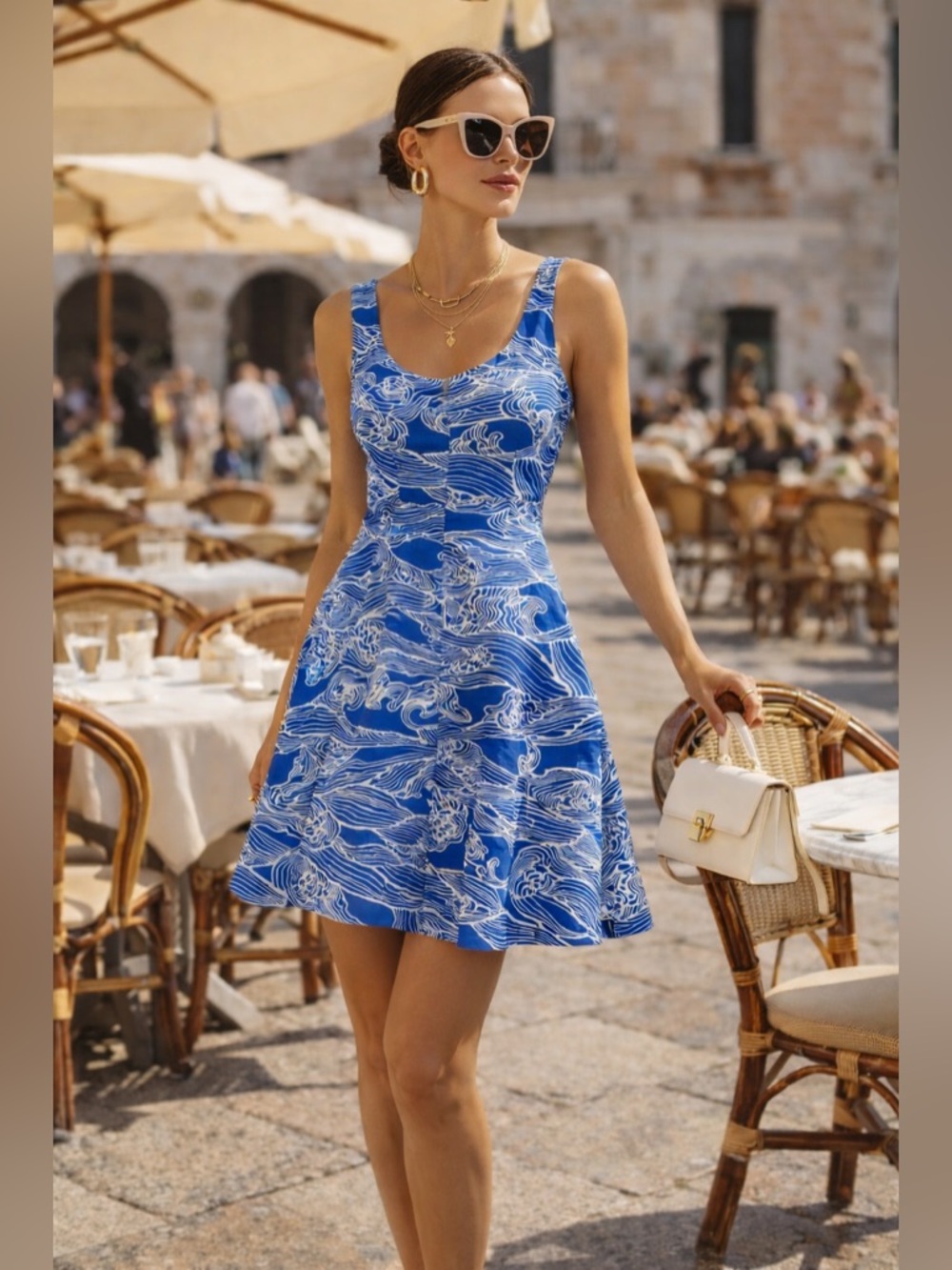 Anthropologie Blue and White Wave-Print Sleeveless A-Line Dress